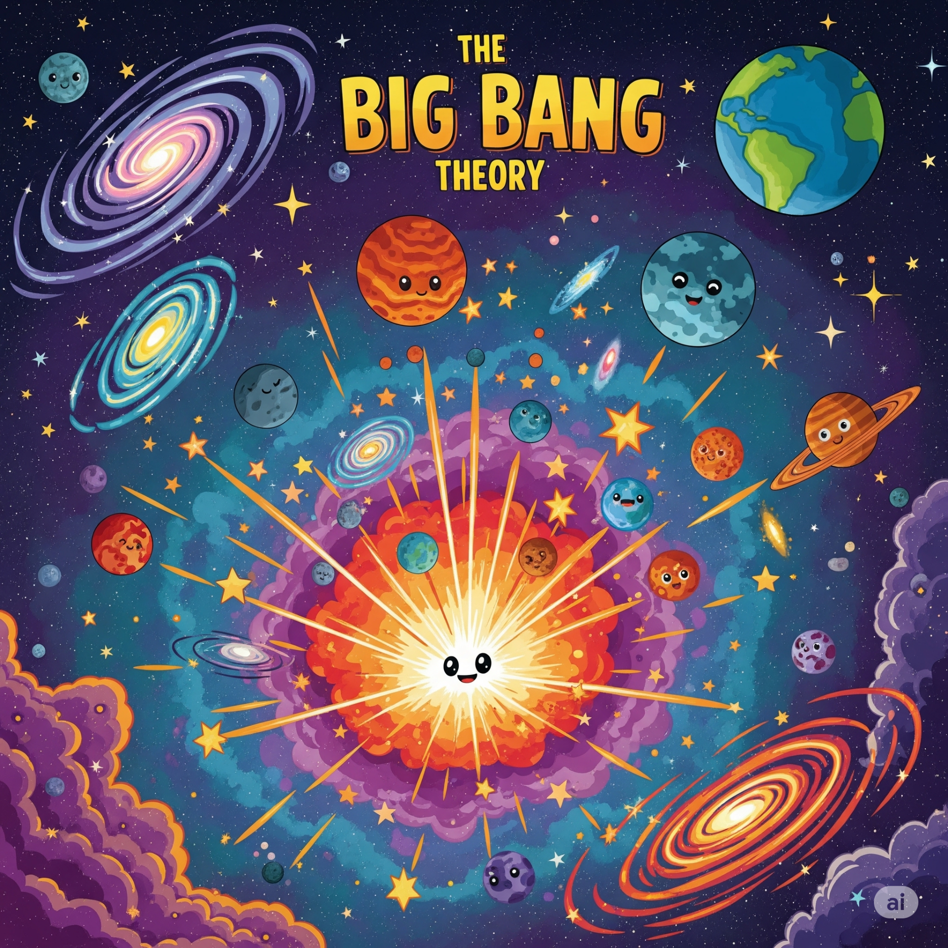 Modelo de Lenguaje Grande (2024). *Ilustración infantil de la teoría del Big Bang mostrando una gran explosión central con planetas y galaxias dispersándose*. [Imagen generada por IA].