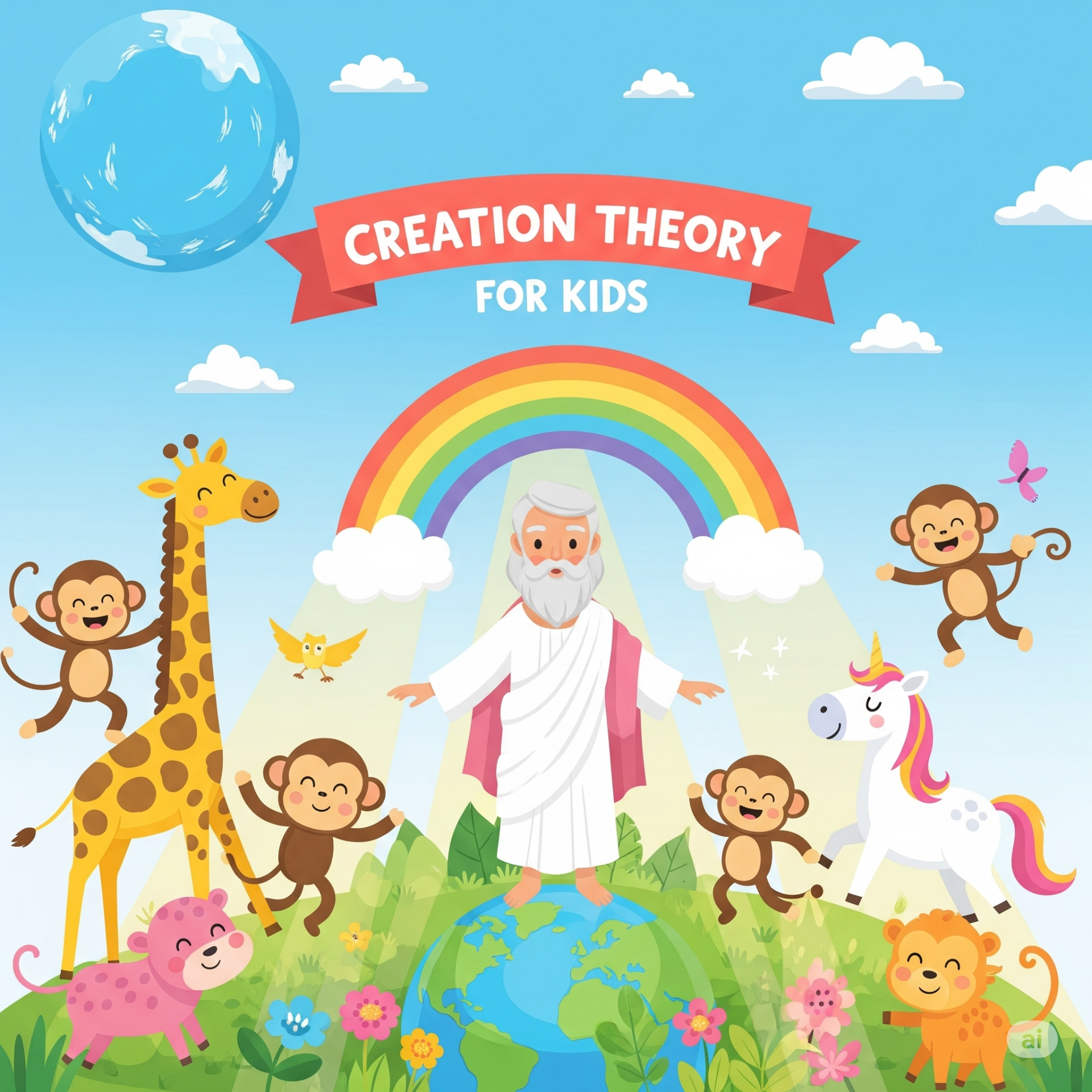 Modelo de Lenguaje Grande (2025). *Ilustración infantil de la Teoría de la Creación mostrando una figura central rodeada de animales, un arcoíris y el planeta Tierra*. [Imagen generada por IA].