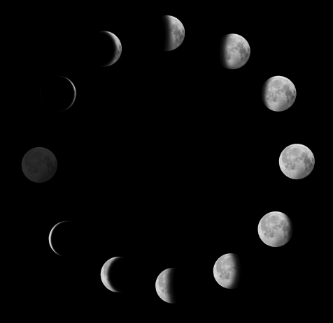 La Luna tiene distintas fases: nueva, creciente, llena y menguante.